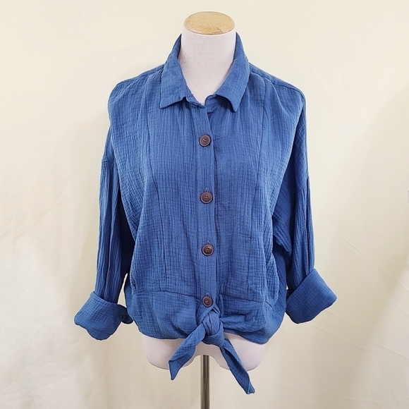 Free People Sunstreaks tie front top blue cotton Women's size large - Picture 3 of 9